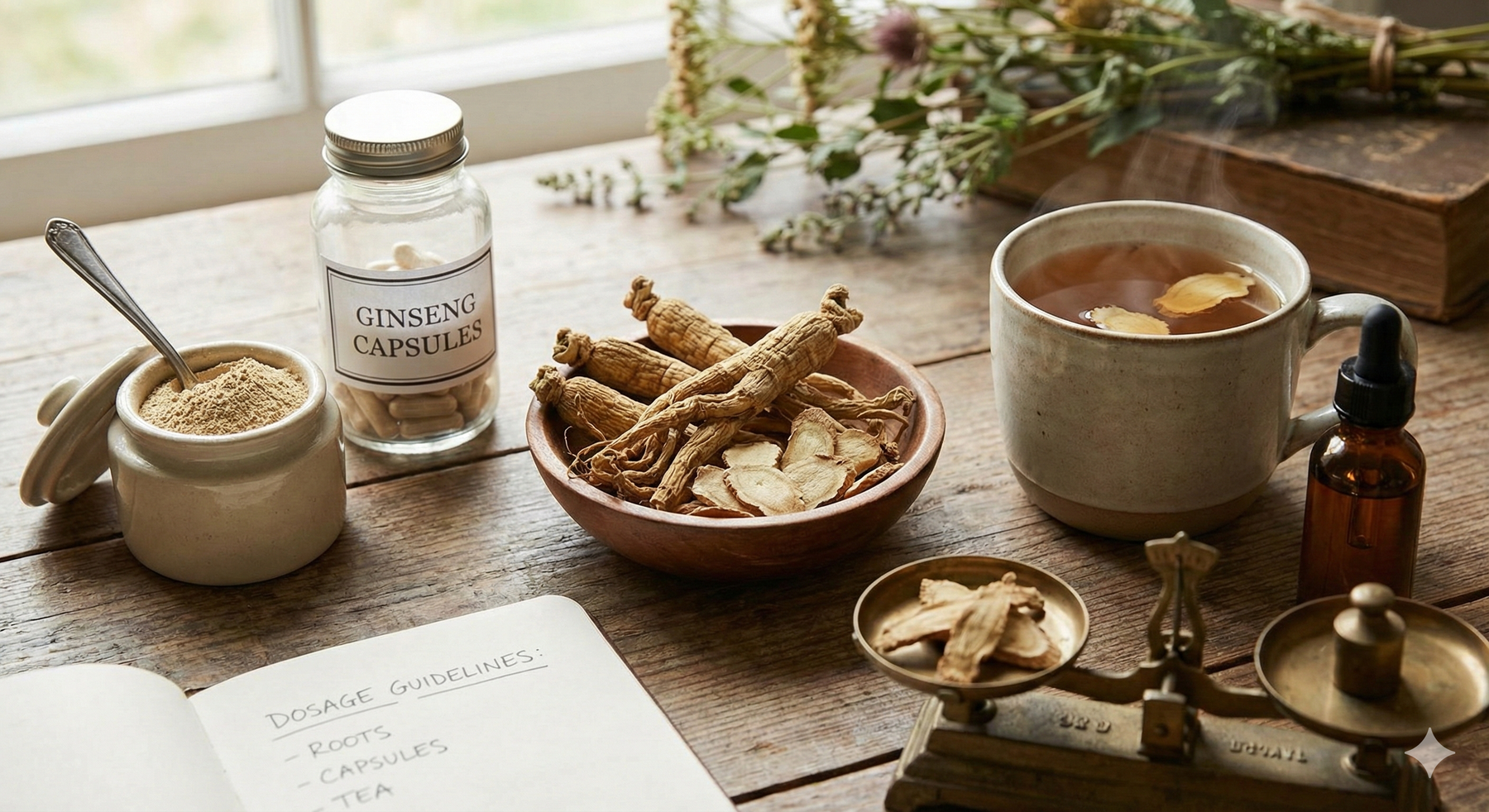 Wisconsin ginseng roots, powder, capsules, and tea on rustic table, natural wellness setup