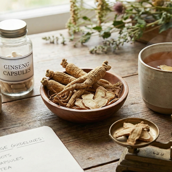 Wisconsin ginseng roots, powder, capsules, and tea on rustic table, natural wellness setup