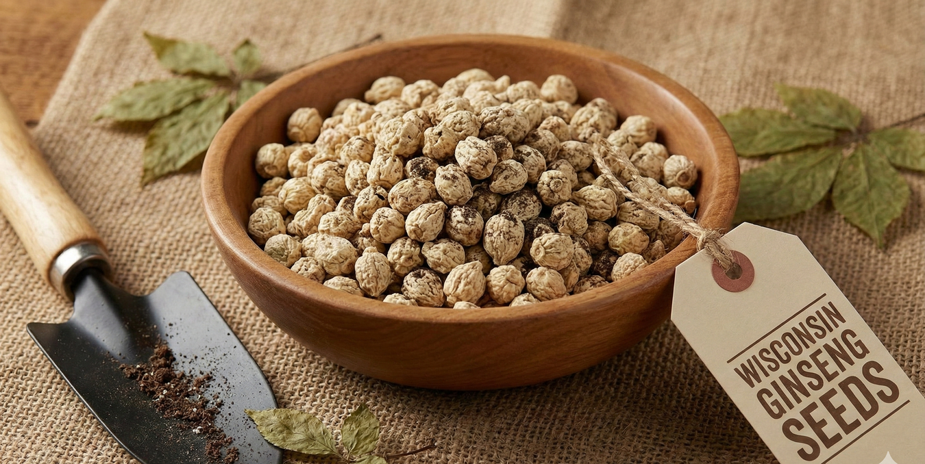 A close-up photograph of a wooden bowl filled with stratified Wisconsin ginseng seeds ready for planting, sitting next to a garden trowel and a tag reading "Wisconsin Ginseng Seeds.