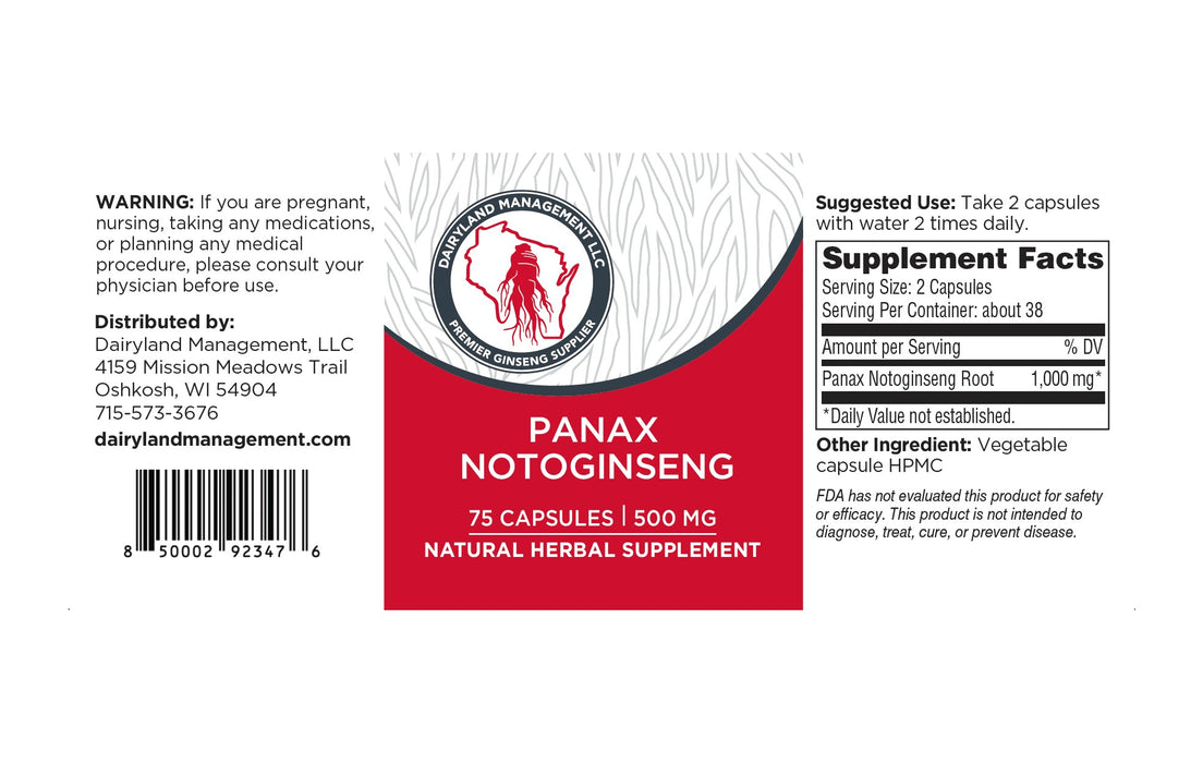 Panax Notoginseng Capsules 500mg - Dairyland Ginseng